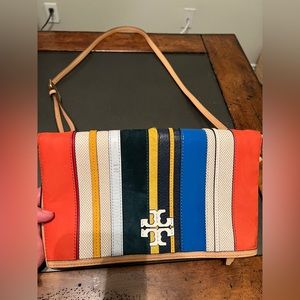 Tory Burch McGraw Ballon Stripe Leather Foldover Bag